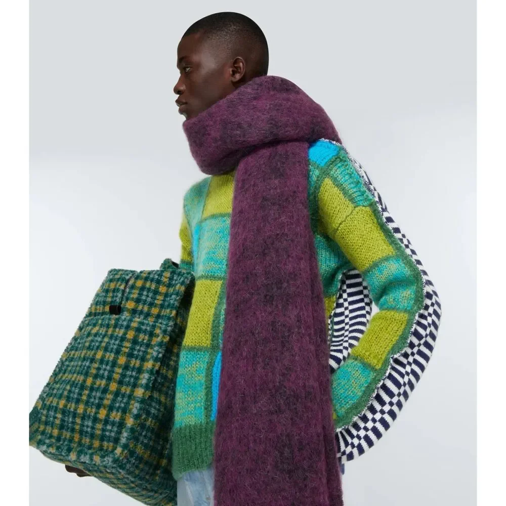 MARNI Brushed Wool Mohair Oversized Check Scarf Purple Black Fringe ITALY 100x30